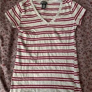 Wet Seal Cream and Red Striped V-Neck Tee